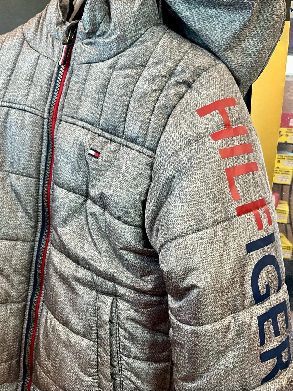 BOYS Tommy Hilfiger Gray Quilted Hooded Puffer Jacket with Signature Trim